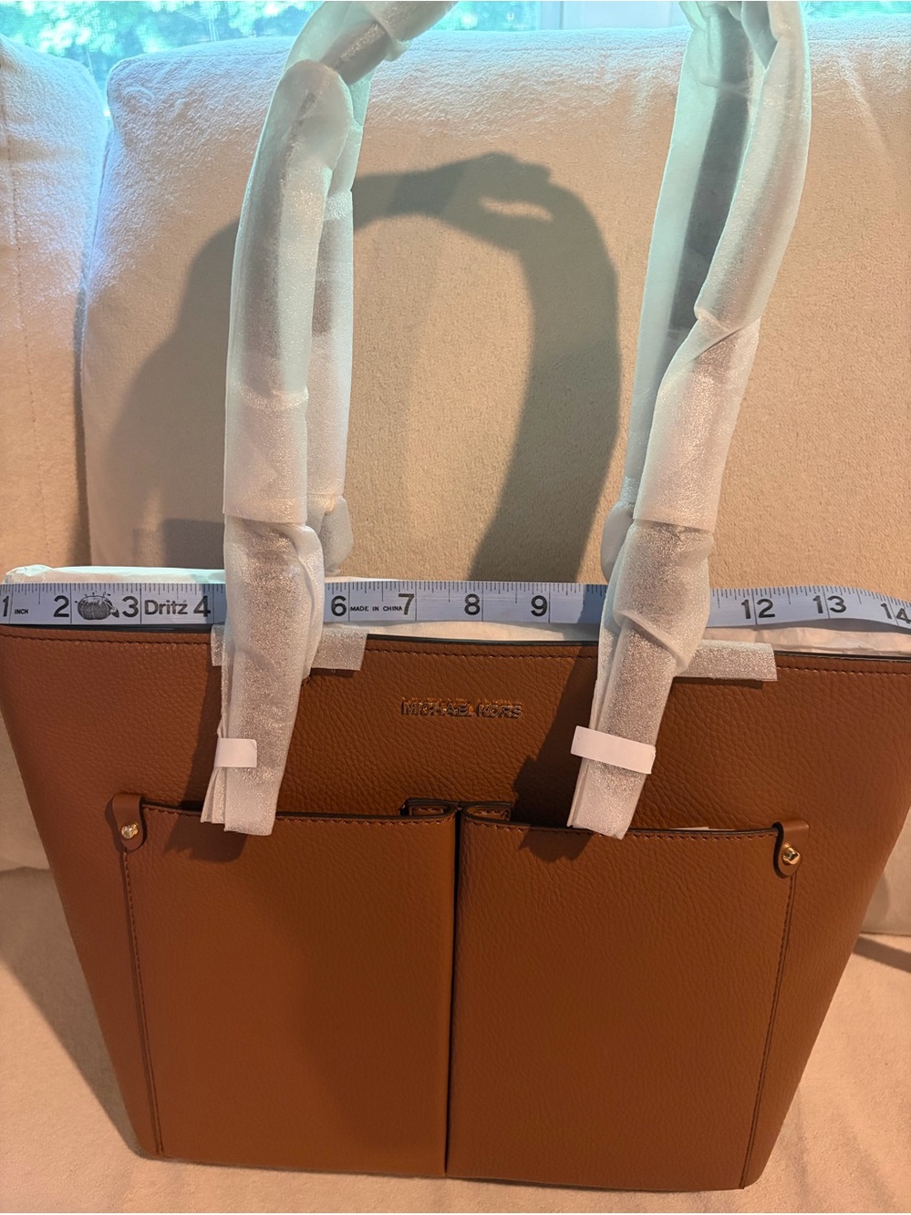 NWT Michael Kors Cognac Pebbled vegan Leather Zip top tote with 2 Front Pockets